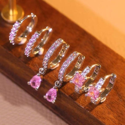 Women's 3-Pair Huggie Hoop Earrings Multipack - Paved Inlaid Accents, Metal Coating, Mixed Teardrop & Square Dangles, Stacking Fit, Casual Trendy Jewelry, Fashion Chic Accessories for Daily & Party Use, Ideal Gift