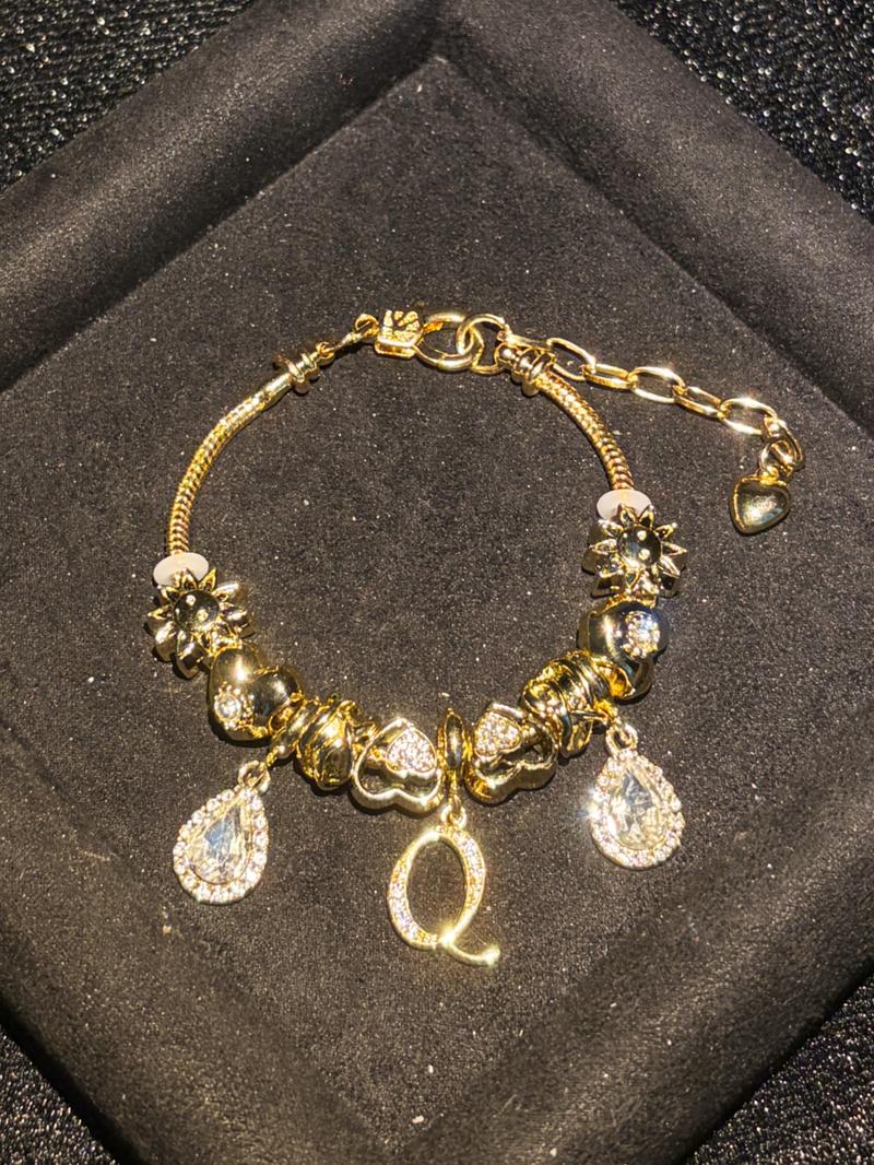 Women's Gold Tone Mixed Charm Beaded Bracelet A Z Initial Letters Available, Fashion Costume Jewelry Gift