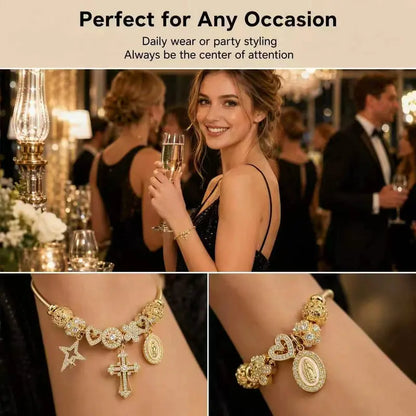 Gold Tone Charm Bracelet for Women, Star Cross Heart Virgin Mary CZ Charms Adjustable Bracelet, Religious Boho Jewelry Gift