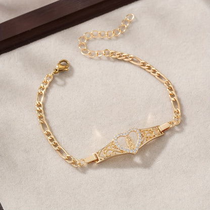1pc of Women'S Fashion Bracelet, Charming, Easy And Exquisite Synthetic Zirconia Inlaid Hollow Love Heart Portrait Decoration Metal Chain Bracelet, Party Banquet Jewelry Additions, Friendship Gift