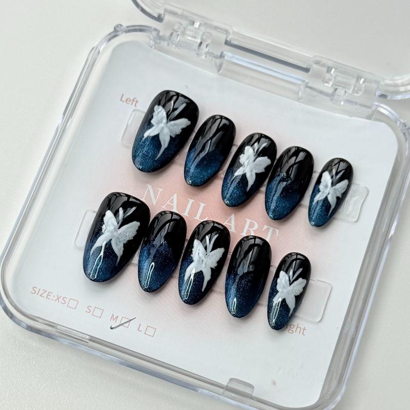 10Pcs Handmade Press On Nails Reusable Medium Handmade Acrylic Press Nails New Summer Collection, Cute Elegant Luxury Cat Eye Design, Ocean Inspired, High Quality Soft Sophisticated Look for Women Nail Art