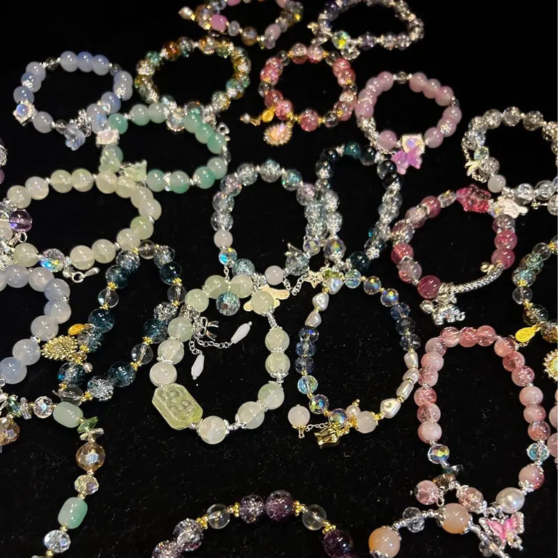 Women's Charm Bracelets Jewelry Accessory - 10pcs/20pcs Mix Packs, Light Blue/Pink Glass Beads, Flower & Butterfly Charms, Cute Bow Accents, Casual Everyday Female Arm Candy Accessories, Summer Gifts
