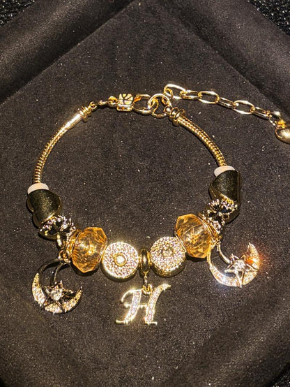 Women's Gold Tone Mixed Charm Beaded Bracelet A Z Initial Letters Available, Fashion Costume Jewelry Gift
