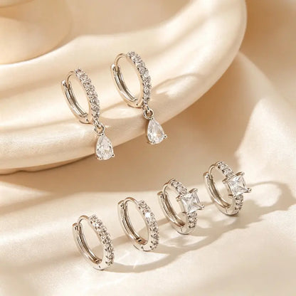 Women's 3-Pair Huggie Hoop Earrings Multipack - Paved Inlaid Accents, Metal Coating, Mixed Teardrop & Square Dangles, Stacking Fit, Casual Trendy Jewelry, Fashion Chic Accessories for Daily & Party Use, Ideal Gift