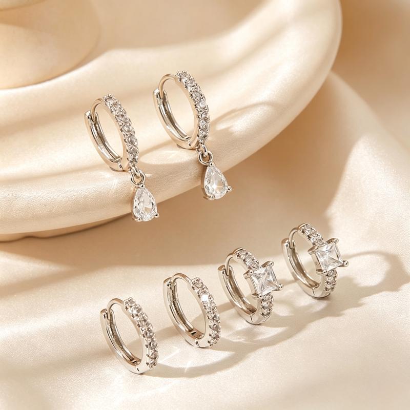Women's 3-Pair Huggie Hoop Earrings Multipack - Paved Inlaid Accents, Metal Coating, Mixed Teardrop & Square Dangles, Stacking Fit, Casual Trendy Jewelry, Fashion Chic Accessories for Daily & Party Use, Ideal Gift