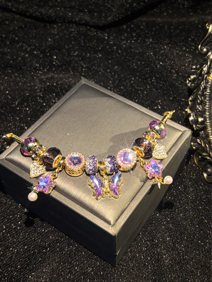 Womens Sparkly Purple Butterfly Charm Bracelet, Pearl Dangle Rhinestone Beaded Jewelry for Girls