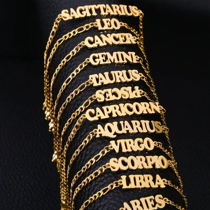 Women's 3:1 Fergal Constellation Bracelets for Women - Hypoallergenic Tarnish Proof Stainless Steel, Waterproof, English Letter Accents, Golden & Silvery Metal Chain Link, Zodiac Signs Female All Seasons Daily Wear Costume Jewelry