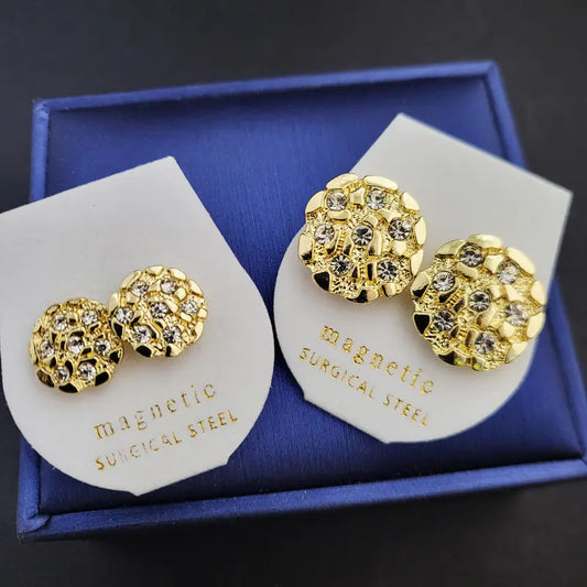 MaxBling81 Iced Gold-Plated Cubic Zirconia Nugget Chunky Statement Earrings - Unisex Magnetic Studs for Adults, Men's Fashionable Jewelry Accessories, Streetwear Shine, Small/Large Sizes, Artificial Gemstone Pieces, From Casual to Dressed Up