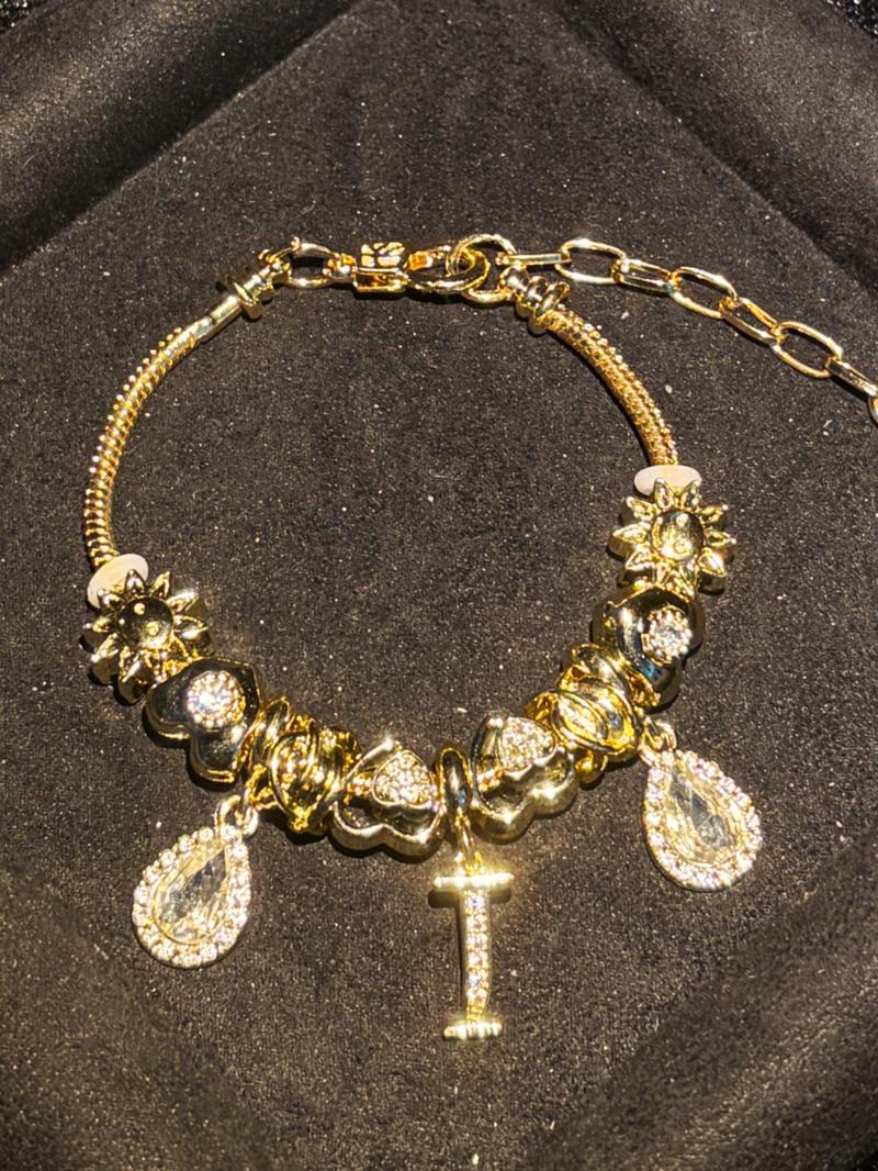 Women's Gold Tone Mixed Charm Beaded Bracelet A Z Initial Letters Available, Fashion Costume Jewelry Gift