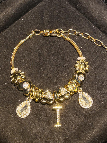 Women's Gold Tone Mixed Charm Beaded Bracelet A Z Initial Letters Available, Fashion Costume Jewelry Gift