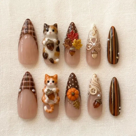 Autumn Cottagecore Press On Nails, Cute 3D Cat Acorn Pumpkin Fake Nails, Brown Plaid Maple Leaf Stiletto Gel Nails, Thanksgiving Nails