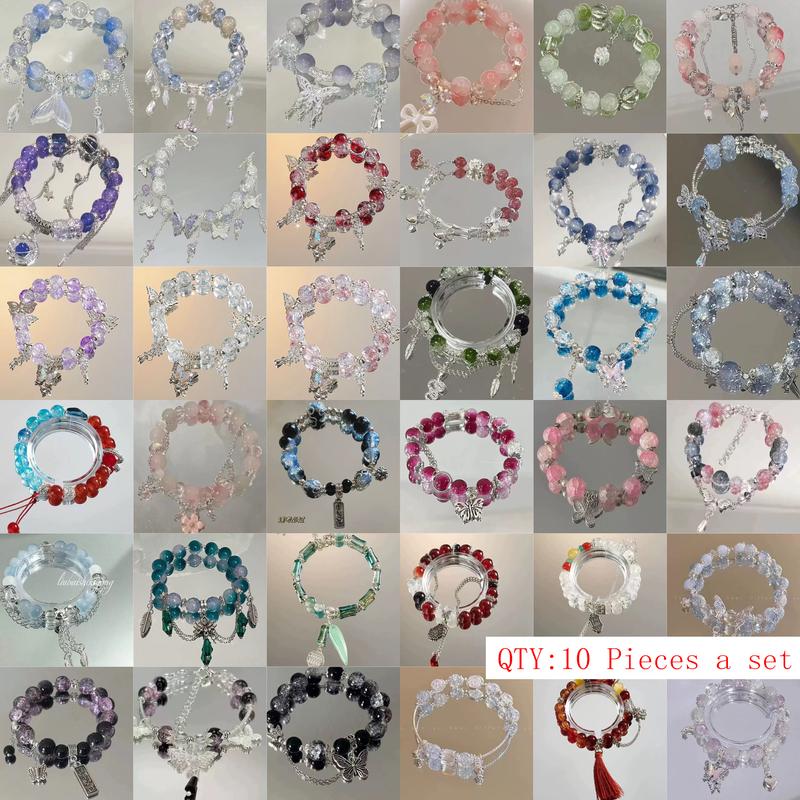 Women's Charm Bracelets Jewelry Accessory - 10pcs/20pcs Mix Packs, Light Blue/Pink Glass Beads, Flower & Butterfly Charms, Cute Bow Accents, Casual Everyday Female Arm Candy Accessories, Summer Gifts