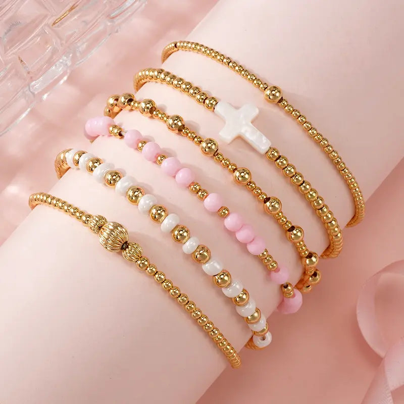 SHINUS Women's Boho 14 Karat Gold-Plated Brass Small Seed Ball Beads Stretch Bracelet Wrist Stack - 7in, Stackable, Trendy, Waterproof, Pink Link, Gold Aesthetic, Unique Costume Jewelry, Accessories for Women, Valentine's Day Gift, Jewelry For Women, Funk