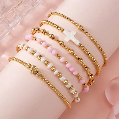 SHINUS Women's Boho 14 Karat Gold-Plated Brass Small Seed Ball Beads Stretch Bracelet Wrist Stack - 7in, Stackable, Trendy, Waterproof, Pink Link, Gold Aesthetic, Unique Costume Jewelry, Accessories for Women, Valentine's Day Gift, Jewelry For Women, Funk