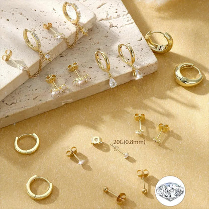 CASSIECA 8Pairs Earrings Stack Set for Women Gold Plated Hypoallergenic Chain Cartilage Pieces Silver Huggie Hoop Studs for Multiple Piercings Lightweight Jewelry For Women Sohochic