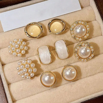 Women's 6-Pair Retro Elegant Hong Kong-Style Glossy Round Square Studs Set, Fashionable Earrings, Fine Stud Earrings, Elegant Jewelry Accessory, Costume Jewelry for Women