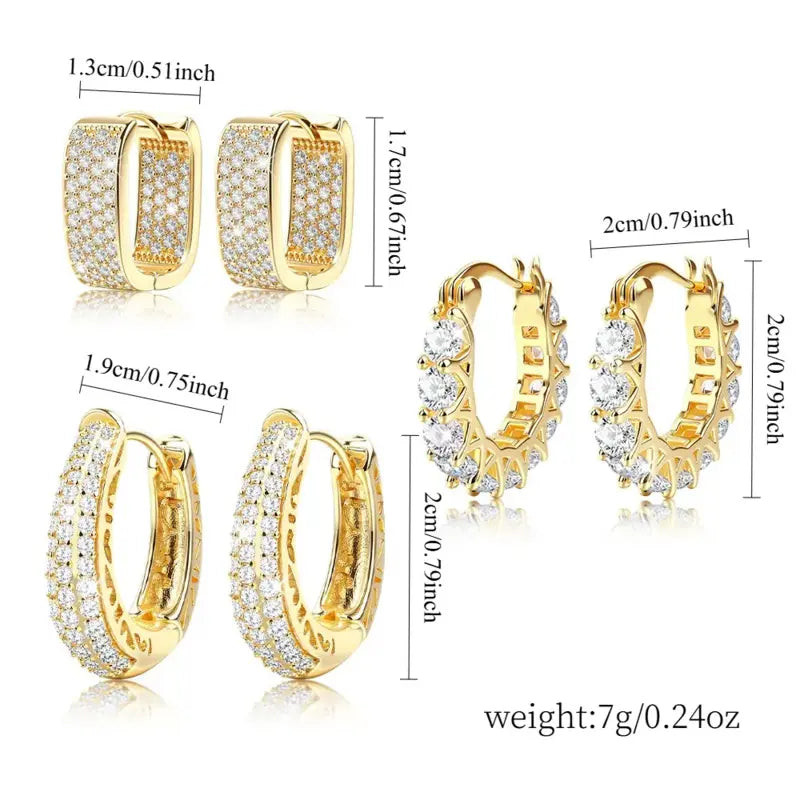 DDSC  Exquisite 3-Pair 14K Gold Plated Layered Hoop Earring Set for Women, Geometric and Round Huggie Earrings with Hinged Clasps, Model DDES0407