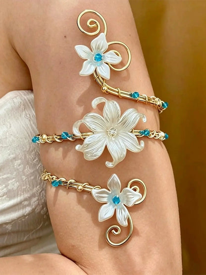 Glossy White Pearl Lily Golden Wire Spiral Arm Cuff Adjustable Upper Arm Flower Design Bracelet Handmade Floral Armband Boho Wedding Beach Fairy Women Statement Jewelry Bohemian Bracelet