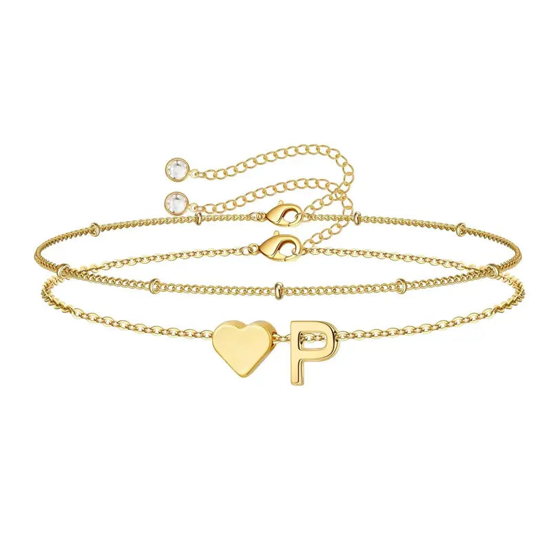 Women's Layered Heart Initial Bracelet Sets - Adjustable Heart, Letter Link, Exquisite Fashion Costume Jewelry Accessories, Birthday Christmas Gifts, Princess Charm Bracelets & Bangles,GF Gift Jewelry for Women TikTokShopFallDealsForYou