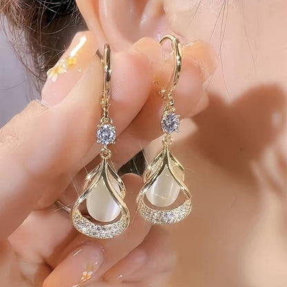 Women's Gold-Toned Cubic Zirconia Teardrop Earrings - 1 Pair Alloy Pendant Accessories for Adult Females, Bedazzled Sparkle Crystalized Glitter Styles, Pink & Transparent Stones, Layered Dangling Party Jewelry, Accessories Adults Female, Bedazzled Sparkle