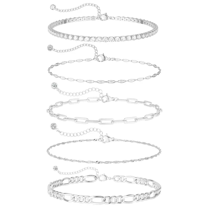 TEWIKY Women's 5-Piece Thin Dainty Metallic Gold Sparkly Bracelet Stack Set - Paperclip, Cuban Link, Greenish Bead Chains, 6.5in Adjustable Jewelry for Everyday/Casual Wear | Accessories Bundle Bracelets & Bangles, Gifts for Women