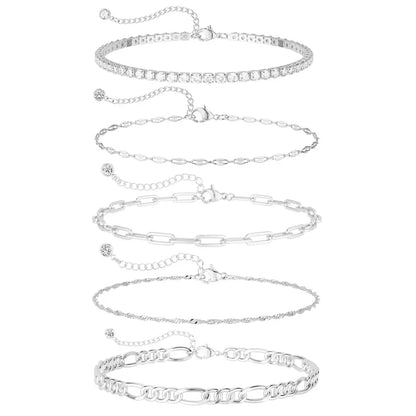 TEWIKY Women's 5-Piece Thin Dainty Metallic Gold Sparkly Bracelet Stack Set - Paperclip, Cuban Link, Greenish Bead Chains, 6.5in Adjustable Jewelry for Everyday/Casual Wear | Accessories Bundle Bracelets & Bangles, Gifts for Women