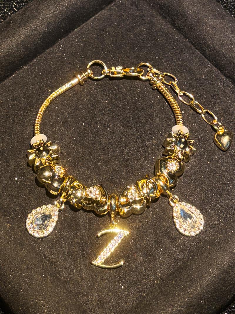Women's Gold Tone Mixed Charm Beaded Bracelet A Z Initial Letters Available, Fashion Costume Jewelry Gift