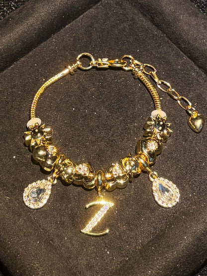 Women's Gold Tone Mixed Charm Beaded Bracelet A Z Initial Letters Available, Fashion Costume Jewelry Gift