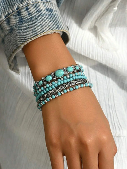 Western Cowboy Style Vintage Stackable Beaded Boho Style Bracelet Set, 5 Pcs Unisex Elastic String Jewelry for Daily Wear, Suitable for Men and Women, Beaded Bracelet Sets