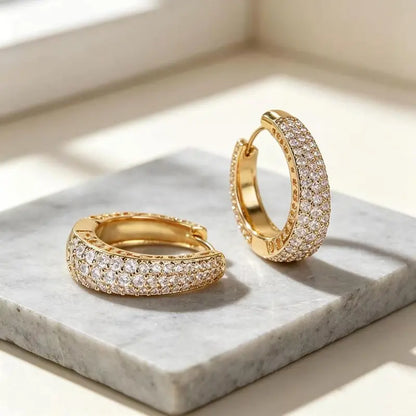 DDSC  Exquisite 3-Pair 14K Gold Plated Layered Hoop Earring Set for Women, Geometric and Round Huggie Earrings with Hinged Clasps, Model DDES0407
