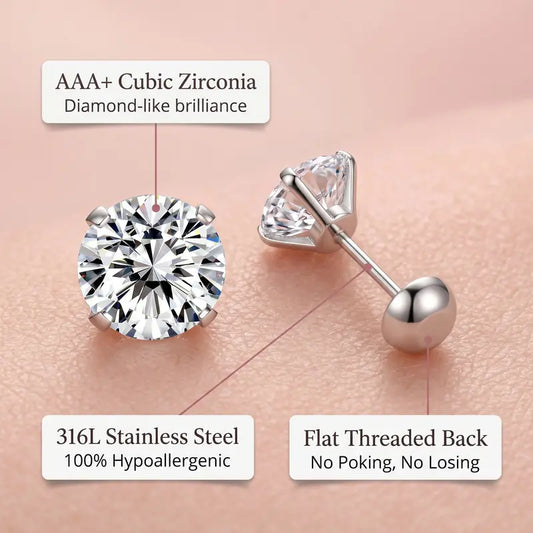 Nandudu Women's 7pcs S925 Sterling Silver CZ Stud Earring Pack, Hypoallergenic Screw Back Classic Earrings, Clear Cubic Zirconia Flat Back Anti-Tarnish Cartilage Piercing Jewelry