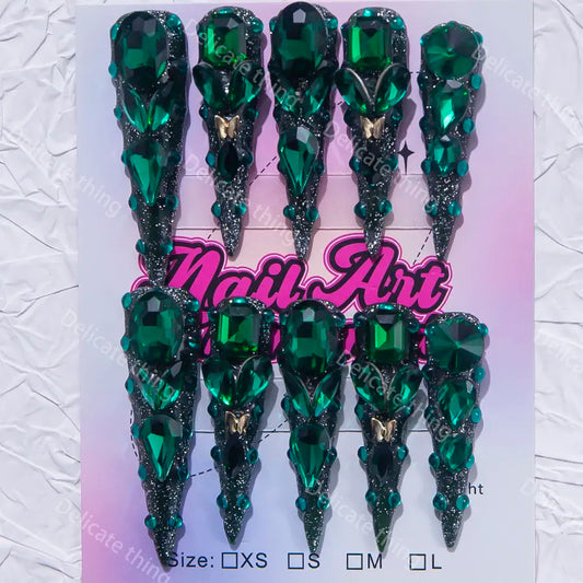 Delicatething Y2K Style Long Stiletto Pointed Nails, Handmade Press On Gem Silver Color Glitter Design, Gemstone Accent, Nail Art Diy, Perfect for Parties & Dates, Best Gift for Girls! Glitter Decorative Nails