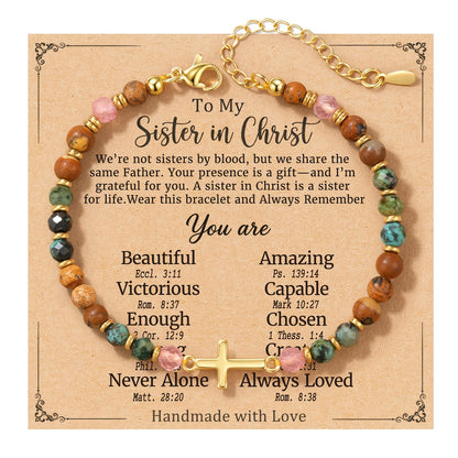 Cross Bracelet Christian Baptism Confirmation Gift Christian Sisters Friendship Bracelet Three Stones Protection Bracelet for Bonus Mom Daughter-In-Law Godmother Bestie Friend Family Birthday Easter Christmas Mother'S Day Holiday Gift with Card