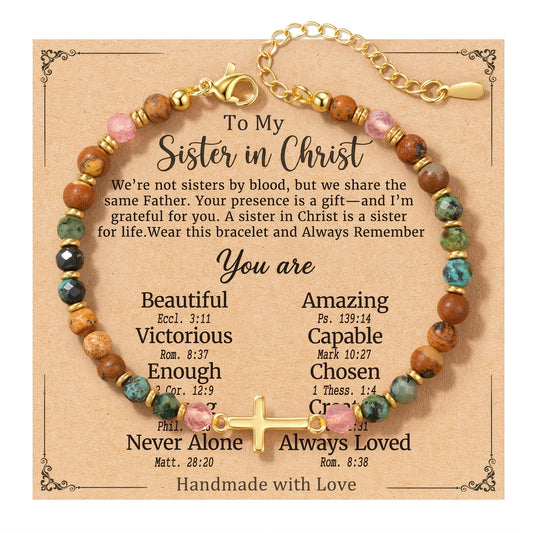 Cross Bracelet Christian Baptism Confirmation Gift Christian Sisters Friendship Bracelet Three Stones Protection Bracelet for Bonus Mom Daughter-In-Law Godmother Bestie Friend Family Birthday Easter Christmas Mother'S Day Holiday Gift with Card