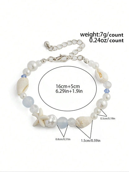 Boho Style Shell & Starfish & Faux Pearl Decorated Bracelet, Fashionable Jewelry for Women & Girls, Pretty Bracelet, Trendy All-match & Exquisite Jewelry for Birthday Gift, Trendy Jewellery Accessories, Pearl Beaded Bracelet, Aesthetic Jewelry