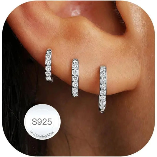 Women's 3-Pairs 925 Silver Huggie Hoop Earrings Set - Hypoallergenic Mini Multi-Stud Stacked Piercing Jewelry for Casual Daily Ear Stacking, High Quality Silver Tone Accessories for Adults Female, All Seasons Fashion Piece