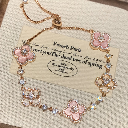 Imitation Pink Mother-of- Four-Leaf Clover Bracelet, Women's Luxurious and Exquisite Four-Leaf Clover Bangle, Friendship Jewelry, Gift for Best Friend