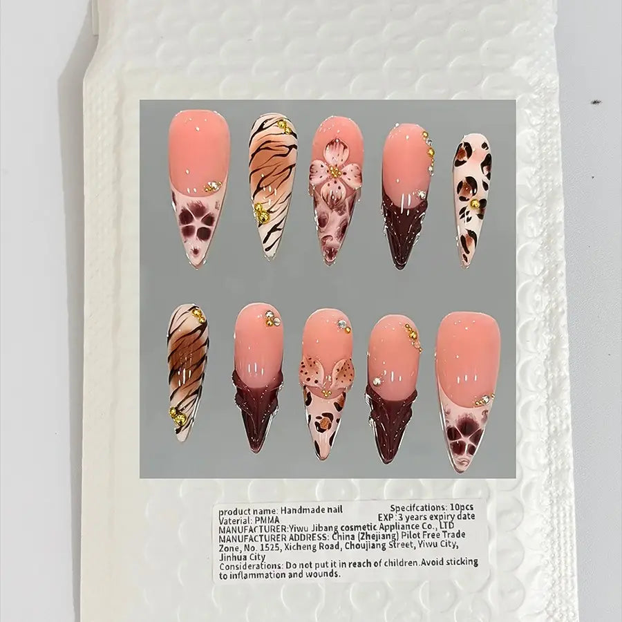 10Pcs/Set Stiletto‑Shaped Handmade Press‑On Nails,Y2K Style,Pink,Brown,Leopard Print & 3D Flower Design,Gold Bead & Rhinestone Decor,Size XS/S/M/L,Include Jelly Glue,Nail File,Cuticle Pusher,for Daily,Party,Dating,Great Holiday Gift for Women