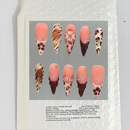 10Pcs/Set Stiletto‑Shaped Handmade Press‑On Nails,Y2K Style,Pink,Brown,Leopard Print & 3D Flower Design,Gold Bead & Rhinestone Decor,Size XS/S/M/L,Include Jelly Glue,Nail File,Cuticle Pusher,for Daily,Party,Dating,Great Holiday Gift for Women