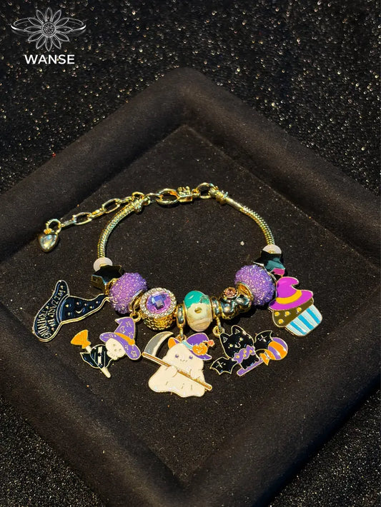 Halloween Gold Tone Snake Chain Charm Bracelet for Women, Cute Enamel Ghost, Witch Hat, Black Cat & Cupcake Dangle Charms, Purple Glitter Beads, Adjustable Bracelet, Spooky Season Halloween Party Jewelry Gift