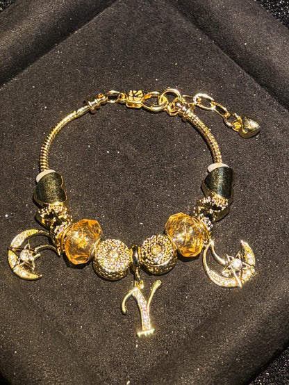 Women's Gold Tone Mixed Charm Beaded Bracelet A Z Initial Letters Available, Fashion Costume Jewelry Gift