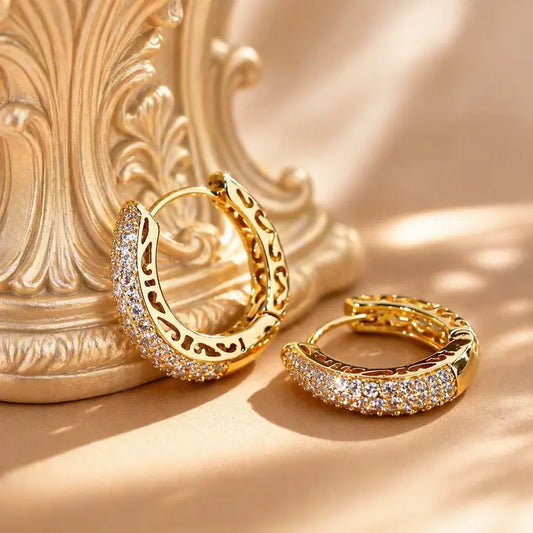 Women's 3-Pair Gold Cubic Zirconia Earrings Set - Lightweight Dainty Minimalist Huggie Plug Studs, Goldtone Shine Geometric Shape Costume Jewelry, Bling Everyday Pieces, Mother's Day Gift, Earrings for Women, For Females