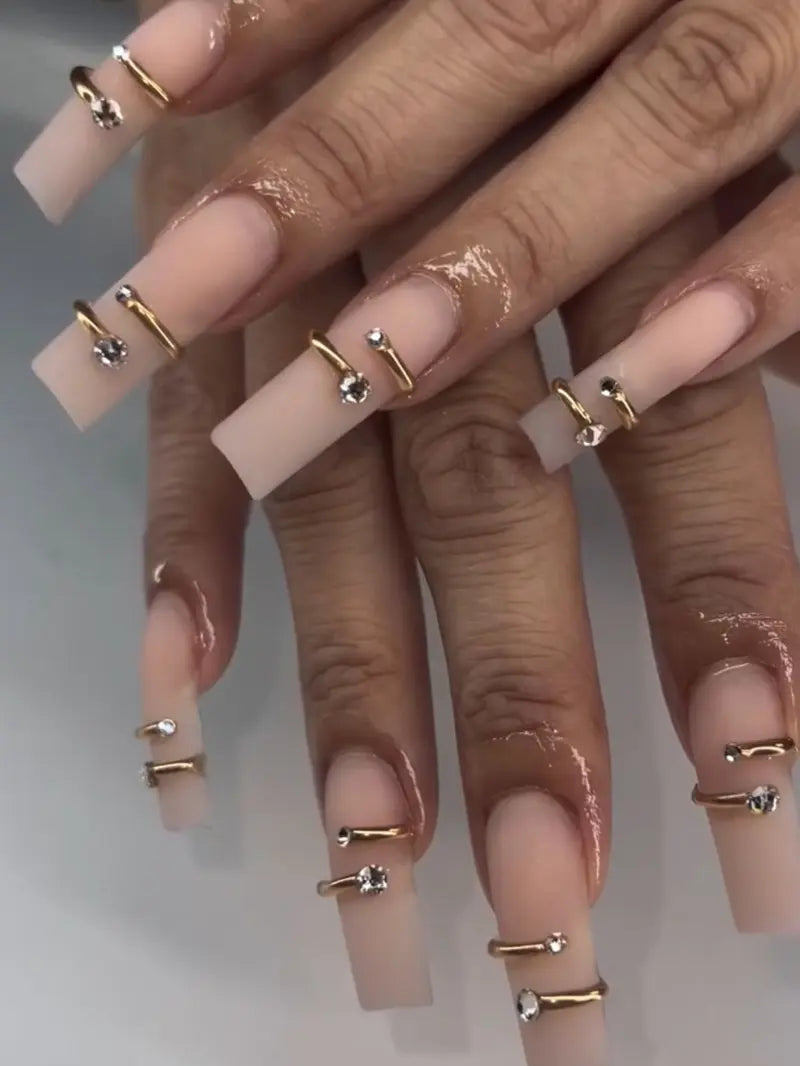 Nude Gold Wrap Press On Nails, Minimalist Rhinestone Luxury Fake Nails, Matte Handmade Elegant Reusable Nail Set