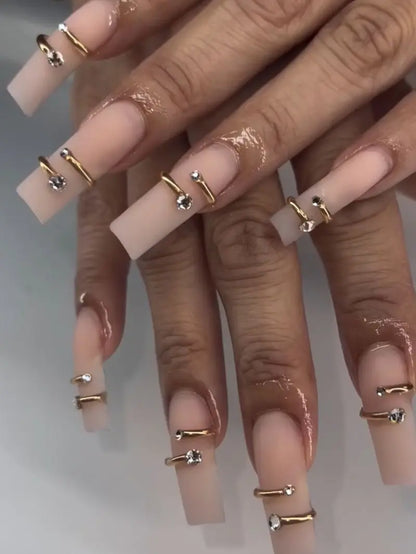 Nude Gold Wrap Press On Nails, Minimalist Rhinestone Luxury Fake Nails, Matte Handmade Elegant Reusable Nail Set
