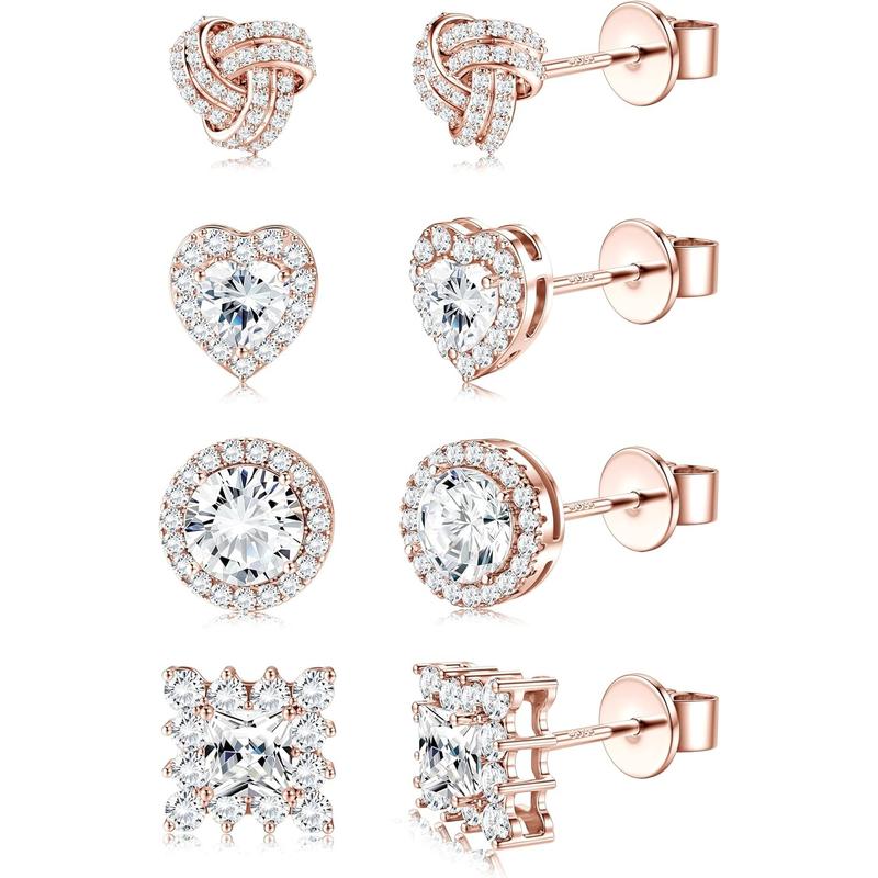4 Pairs Trendy Sterling Silver CZ Stud Earrings for Women 14K Waterproof Gold Plated Brilliant Celtic Heart Big Stud Earrings Set Cubic Zirconia Earrings Studs for Sensitive Ear, Heart Shaped Earrings, Artificial Zirconia Earrings, Jewelry For Women