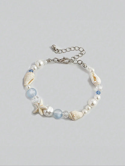 Boho Style Shell & Starfish & Faux Pearl Decorated Bracelet, Fashionable Jewelry for Women & Girls, Pretty Bracelet, Trendy All-match & Exquisite Jewelry for Birthday Gift, Trendy Jewellery Accessories, Pearl Beaded Bracelet, Aesthetic Jewelry