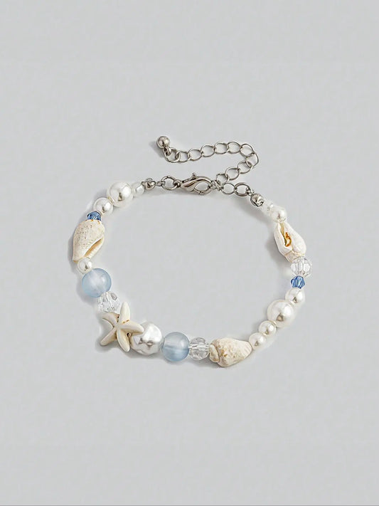 Boho Style Shell & Starfish & Faux Pearl Decorated Bracelet, Fashionable Jewelry for Women & Girls, Pretty Bracelet, Trendy All-match & Exquisite Jewelry for Birthday Gift, Trendy Jewellery Accessories, Pearl Beaded Bracelet, Aesthetic Jewelry