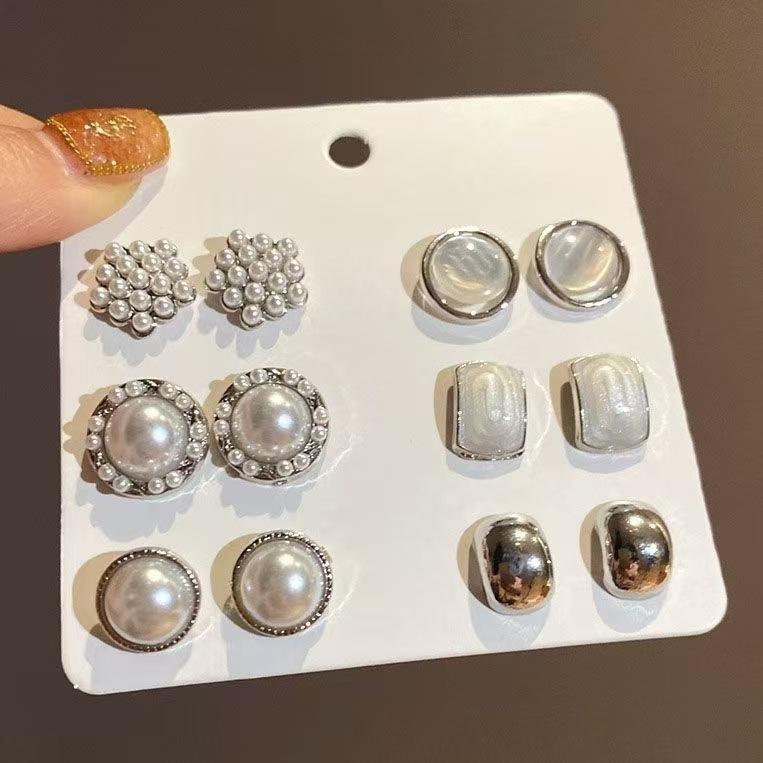 Women's 6-Pair Retro Elegant Hong Kong-Style Glossy Round Square Studs Set, Fashionable Earrings, Fine Stud Earrings, Elegant Jewelry Accessory, Costume Jewelry for Women