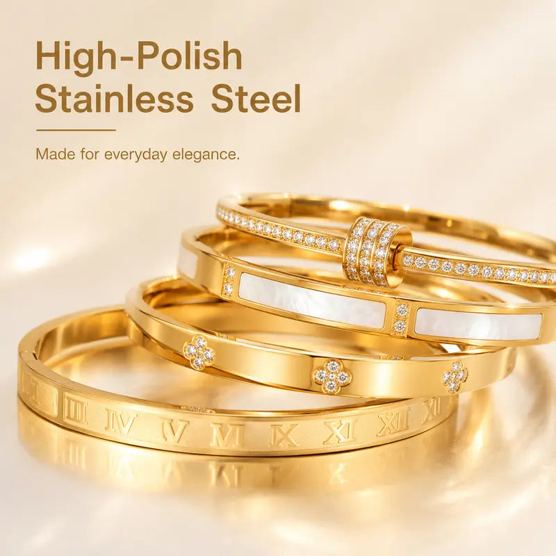 5PCS Waterproof Titanium Steel Bracelet Set for Women, Rhinestone Stackable Bracelets, Minimalist Gold Silver Wrist Jewelry, Elegant Fashion Bracelets for Everyday Wear, Gift for Women