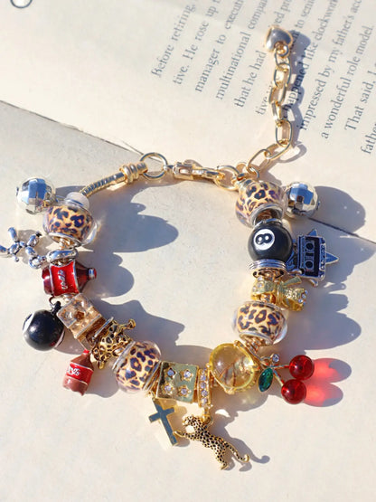 Unique Leopard Print Charm Bracelet, Cherry & Cross & Ball Pendant Bracelet, Music Festival Bracelet, Durable Beaded Bracelet, Creative Eye-Catching Bracelet, Trendy Jewelry